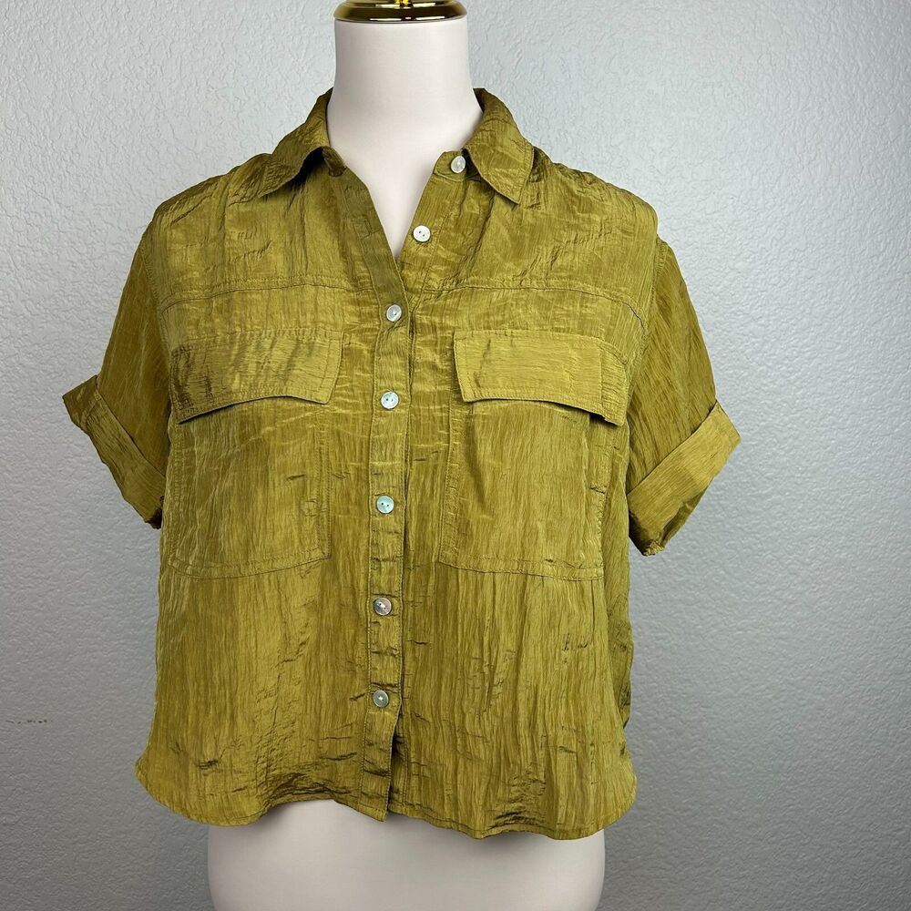 Madewell Women's Crinkled Utility Button Up Shirt Spiced Olive NM396 Size